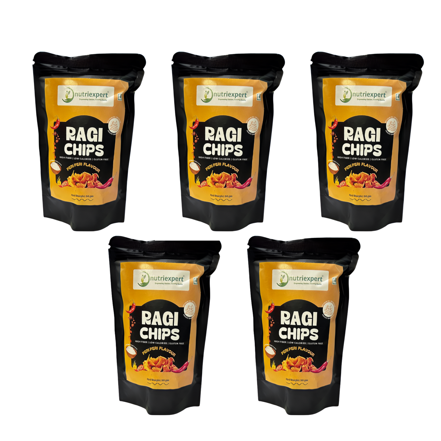 NutriExpert Ragi Chips, Peri Peri Flavour, Gluten Free, (Pack of 5 × 50 g)