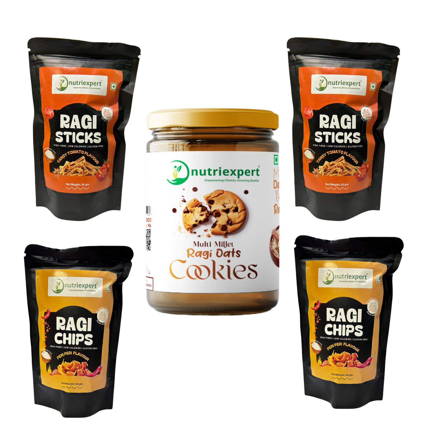 NutriExpert Ragi Combo Pack – Healthy Millet Snacks with Oats Cookies (1 Pack), Chips (2 Packs) Sticks (2 Packs) | High-Fibre, Gluten-Free & Wholesome Treats.