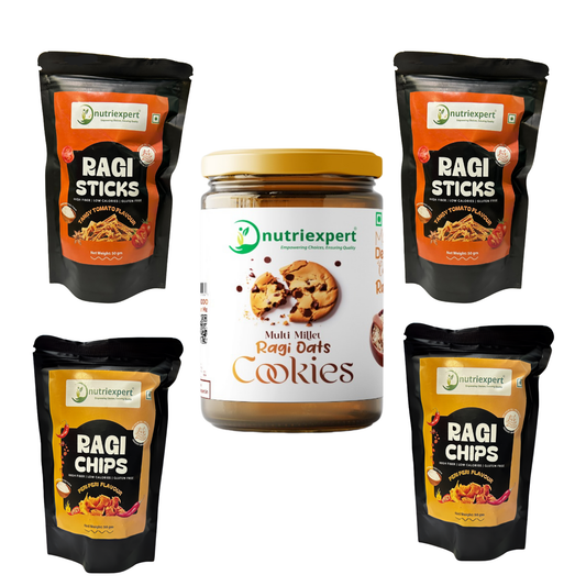 NutriExpert Ragi Combo Pack – Healthy Millet Snacks with Oats Cookies (1 Pack), Chips (2 Packs) Sticks (2 Packs) | High-Fibre, Gluten-Free & Wholesome Treats.
